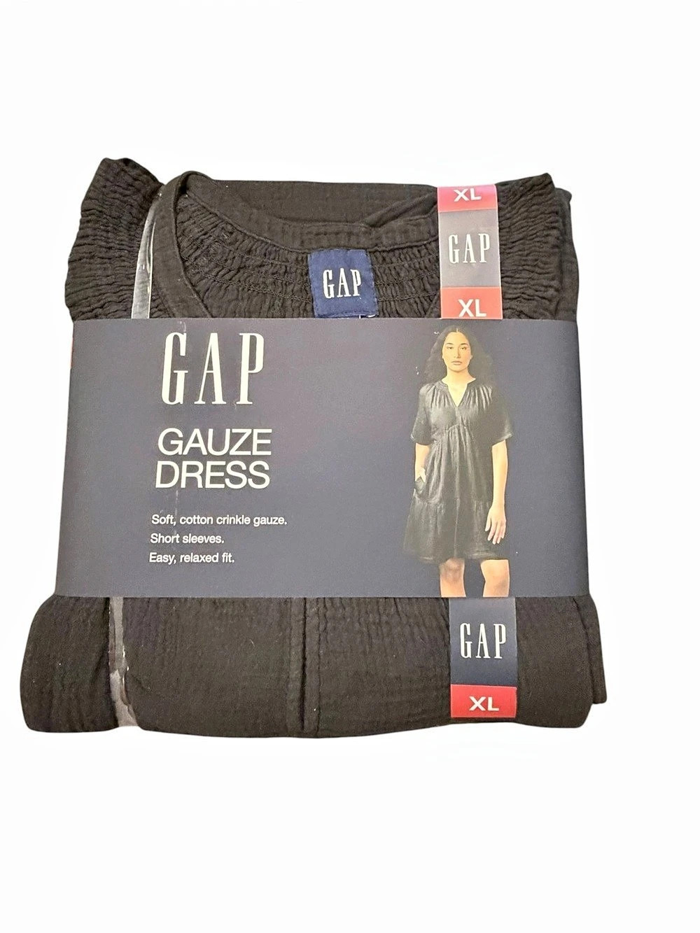 Gap Gauze Dress Black Soft Cotton Crinkle Tiered New $70 XL Relaxed Fit